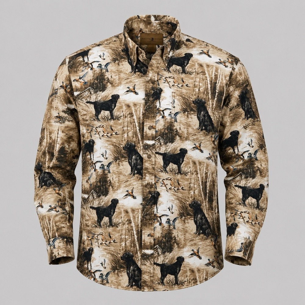 Duck Head Button Up Long Sleeve Hunting AOP Dogs And Birds Shirt Men's Size XL